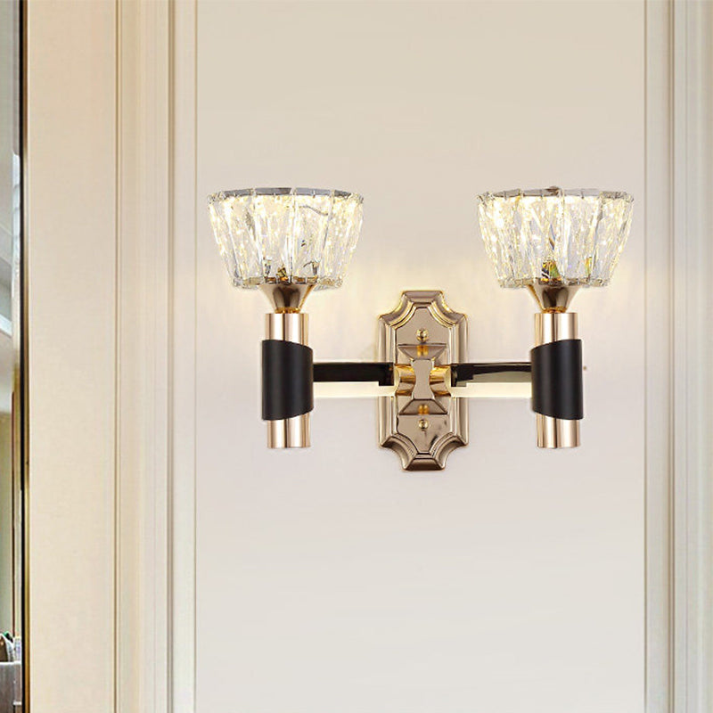 1/2-Light Bowl Wall Sconce Lighting Minimalist Black and Gold Crystal Block Wall Lamp 2.0 Black-Gold Clearhalo 'Cast Iron' 'Glass' 'Industrial' 'Modern wall lights' 'Modern' 'Tiffany' 'Traditional wall lights' 'Wall Lamps & Sconces' 'Wall Lights' Lighting' 757809