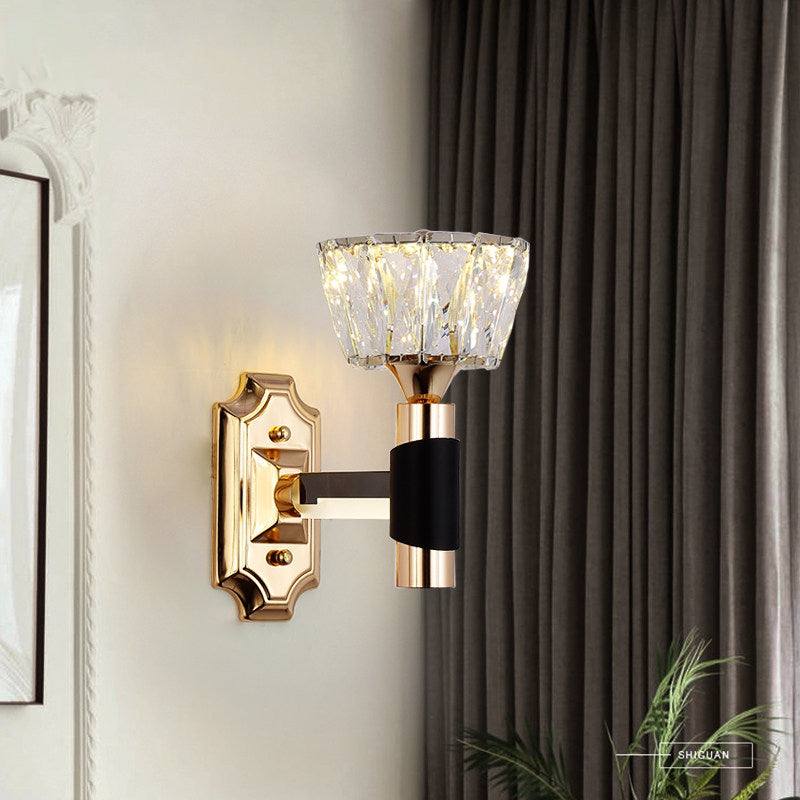 1/2-Light Bowl Wall Sconce Lighting Minimalist Black and Gold Crystal Block Wall Lamp 1.0 Black-Gold Clearhalo 'Cast Iron' 'Glass' 'Industrial' 'Modern wall lights' 'Modern' 'Tiffany' 'Traditional wall lights' 'Wall Lamps & Sconces' 'Wall Lights' Lighting' 757813