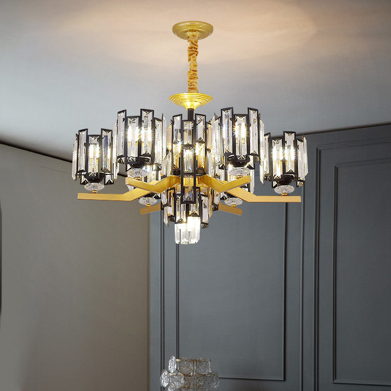 Cylinder Crystal Rectangle Pendant Modernism 4/7 Lights Living Room Chandelier Lamp Fixture in Black and Gold 7 Black-Gold Clearhalo 'Ceiling Lights' 'Chandeliers' 'Modern Chandeliers' 'Modern' Lighting' 757827