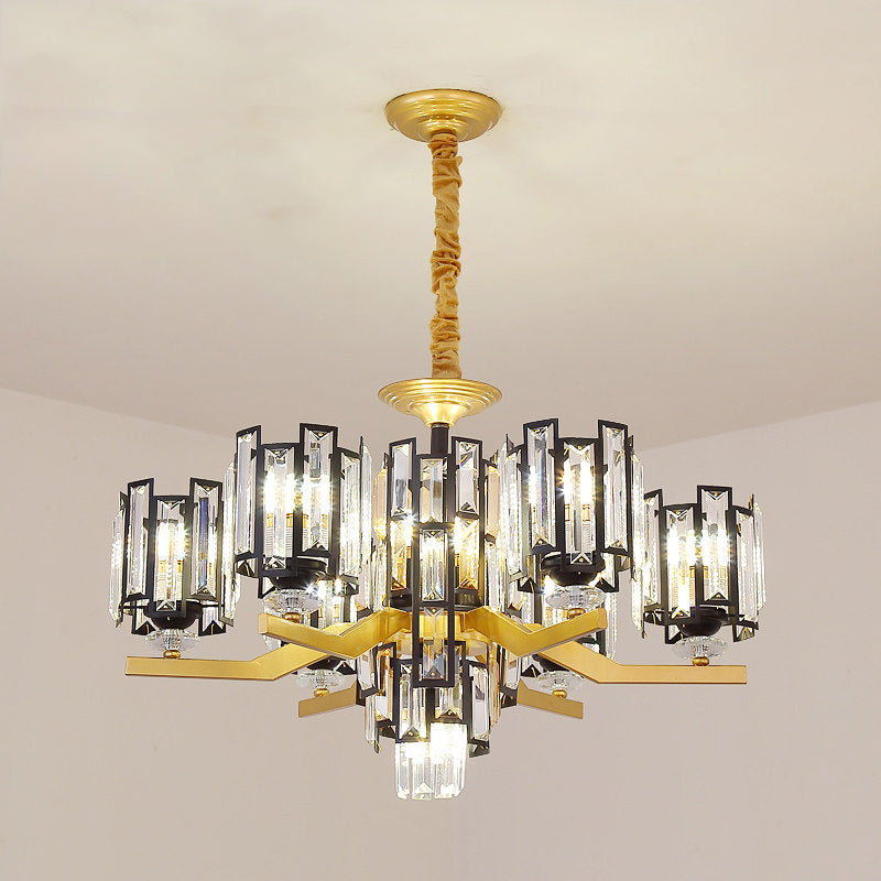 Cylinder Crystal Rectangle Pendant Modernism 4/7 Lights Living Room Chandelier Lamp Fixture in Black and Gold Clearhalo 'Ceiling Lights' 'Chandeliers' 'Modern Chandeliers' 'Modern' Lighting' 757829