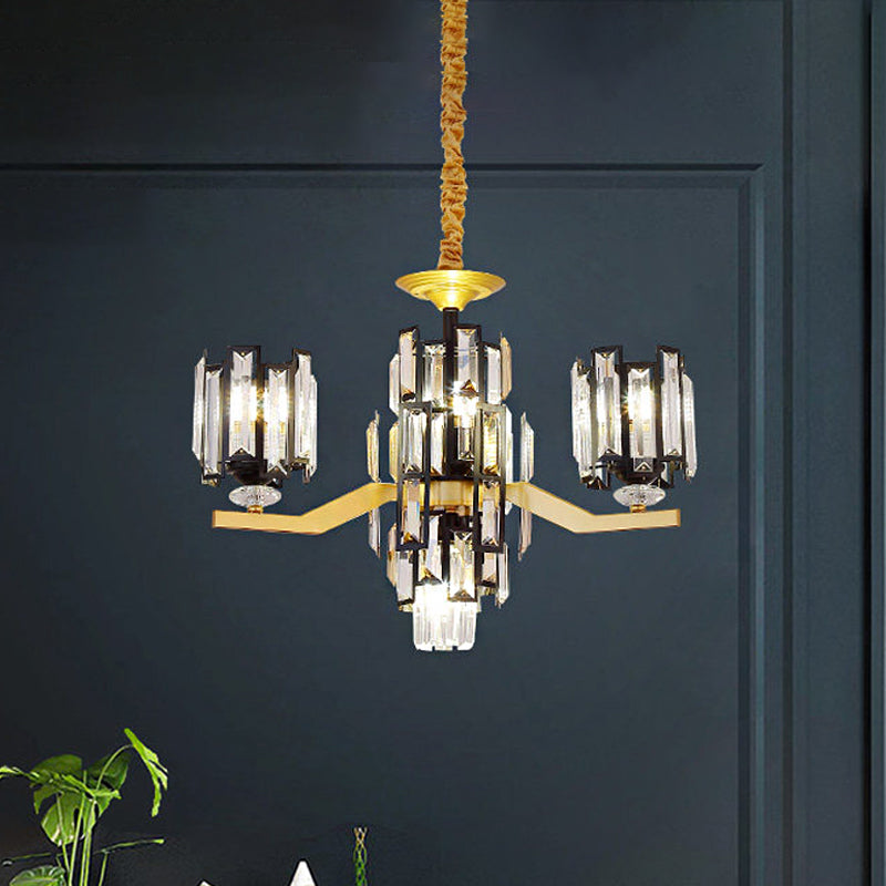 Cylinder Crystal Rectangle Pendant Modernism 4/7 Lights Living Room Chandelier Lamp Fixture in Black and Gold 4 Black-Gold Clearhalo 'Ceiling Lights' 'Chandeliers' 'Modern Chandeliers' 'Modern' Lighting' 757831