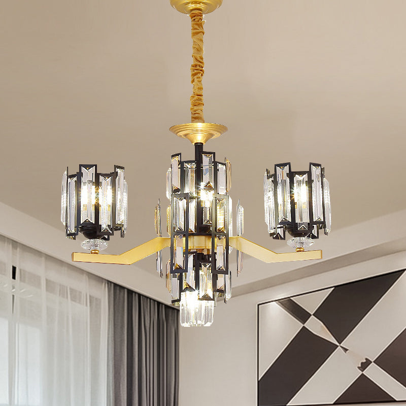 Cylinder Crystal Rectangle Pendant Modernism 4/7 Lights Living Room Chandelier Lamp Fixture in Black and Gold Clearhalo 'Ceiling Lights' 'Chandeliers' 'Modern Chandeliers' 'Modern' Lighting' 757832