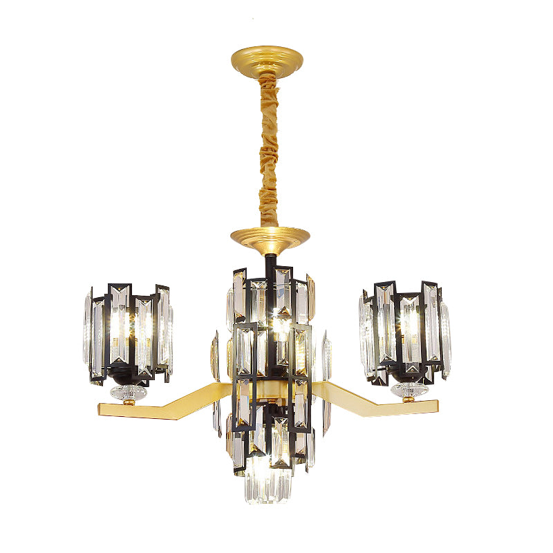 Cylinder Crystal Rectangle Pendant Modernism 4/7 Lights Living Room Chandelier Lamp Fixture in Black and Gold Clearhalo 'Ceiling Lights' 'Chandeliers' 'Modern Chandeliers' 'Modern' Lighting' 757833