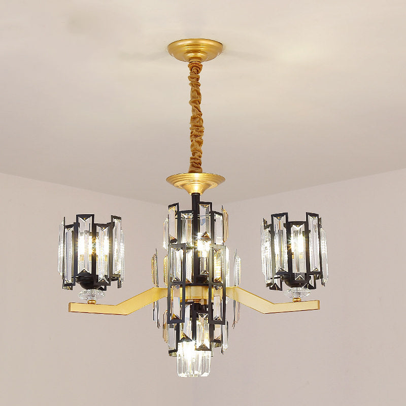 Cylinder Crystal Rectangle Pendant Modernism 4/7 Lights Living Room Chandelier Lamp Fixture in Black and Gold Clearhalo 'Ceiling Lights' 'Chandeliers' 'Modern Chandeliers' 'Modern' Lighting' 757834