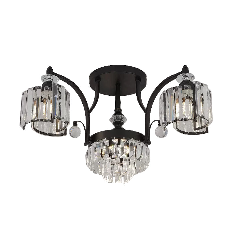 Metallic Curved Arm Semi Flush Mount Modern 3/6-Bulb Dining Room Ceiling Flush in Black with Cylinder Crystal Shade Clearhalo 'Ceiling Lights' 'Close To Ceiling Lights' 'Close to ceiling' 'Semi-flushmount' Lighting' 757851