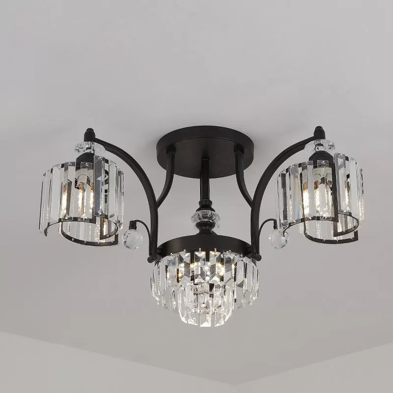 Metallic Curved Arm Semi Flush Mount Modern 3/6-Bulb Dining Room Ceiling Flush in Black with Cylinder Crystal Shade Clearhalo 'Ceiling Lights' 'Close To Ceiling Lights' 'Close to ceiling' 'Semi-flushmount' Lighting' 757852