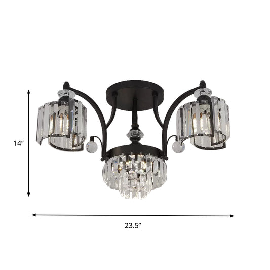 Metallic Curved Arm Semi Flush Mount Modern 3/6-Bulb Dining Room Ceiling Flush in Black with Cylinder Crystal Shade Clearhalo 'Ceiling Lights' 'Close To Ceiling Lights' 'Close to ceiling' 'Semi-flushmount' Lighting' 757853