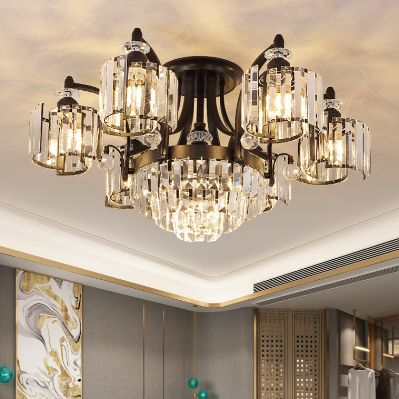 Metallic Curved Arm Semi Flush Mount Modern 3/6-Bulb Dining Room Ceiling Flush in Black with Cylinder Crystal Shade 6 Black Clearhalo 'Ceiling Lights' 'Close To Ceiling Lights' 'Close to ceiling' 'Semi-flushmount' Lighting' 757854