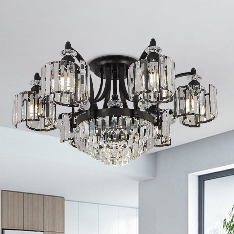 Metallic Curved Arm Semi Flush Mount Modern 3/6-Bulb Dining Room Ceiling Flush in Black with Cylinder Crystal Shade Clearhalo 'Ceiling Lights' 'Close To Ceiling Lights' 'Close to ceiling' 'Semi-flushmount' Lighting' 757855