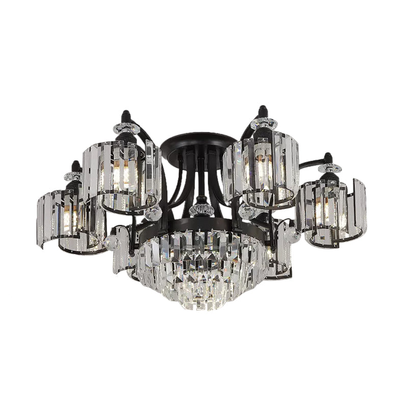 Metallic Curved Arm Semi Flush Mount Modern 3/6-Bulb Dining Room Ceiling Flush in Black with Cylinder Crystal Shade Clearhalo 'Ceiling Lights' 'Close To Ceiling Lights' 'Close to ceiling' 'Semi-flushmount' Lighting' 757856