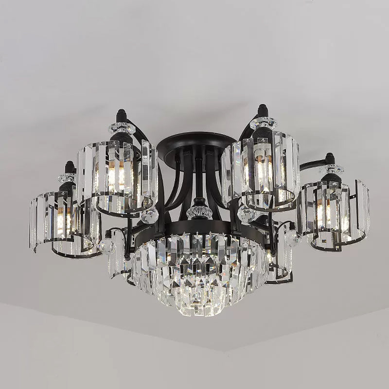 Metallic Curved Arm Semi Flush Mount Modern 3/6-Bulb Dining Room Ceiling Flush in Black with Cylinder Crystal Shade Clearhalo 'Ceiling Lights' 'Close To Ceiling Lights' 'Close to ceiling' 'Semi-flushmount' Lighting' 757857