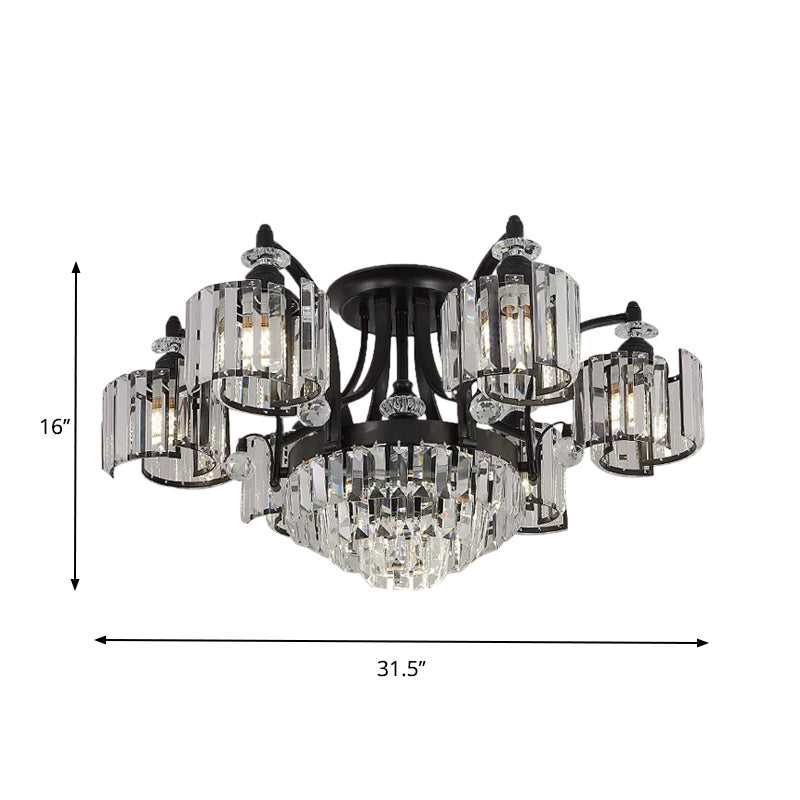 Metallic Curved Arm Semi Flush Mount Modern 3/6-Bulb Dining Room Ceiling Flush in Black with Cylinder Crystal Shade Clearhalo 'Ceiling Lights' 'Close To Ceiling Lights' 'Close to ceiling' 'Semi-flushmount' Lighting' 757858