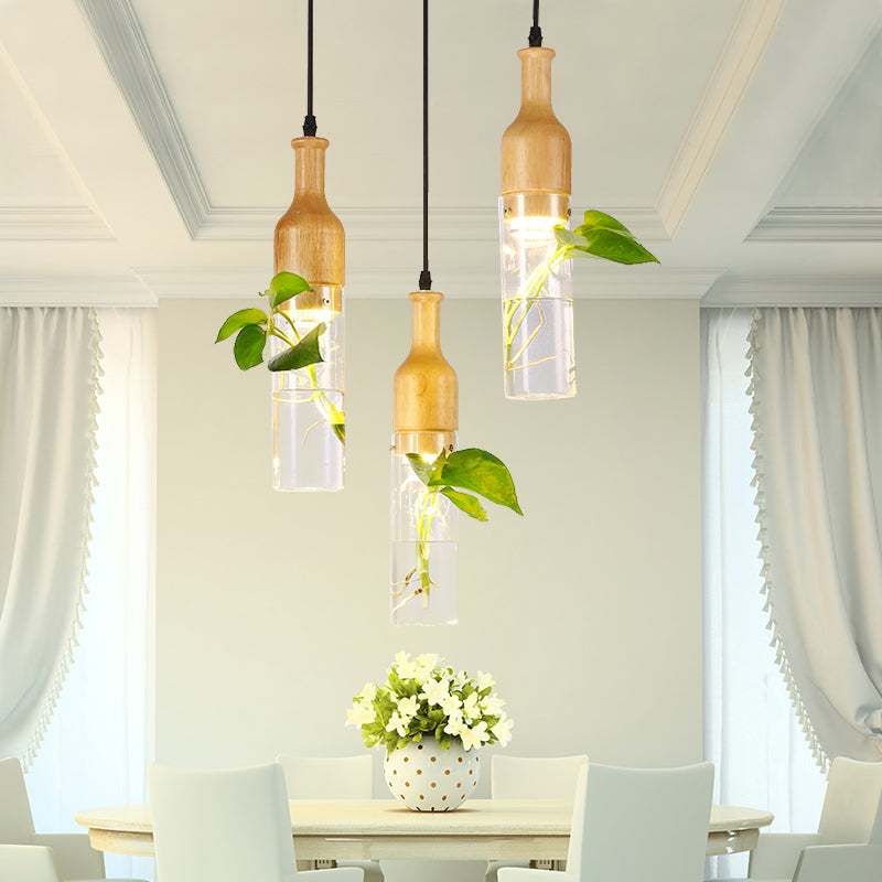 Wine Bottle Clear Glass Pendant Art Deco 1 Bulb Bedroom Plant Ceiling Hang Fixture in Wood Clearhalo 'Ceiling Lights' 'Close To Ceiling Lights' 'Glass shade' 'Glass' 'Pendant Lights' 'Pendants' Lighting' 757957