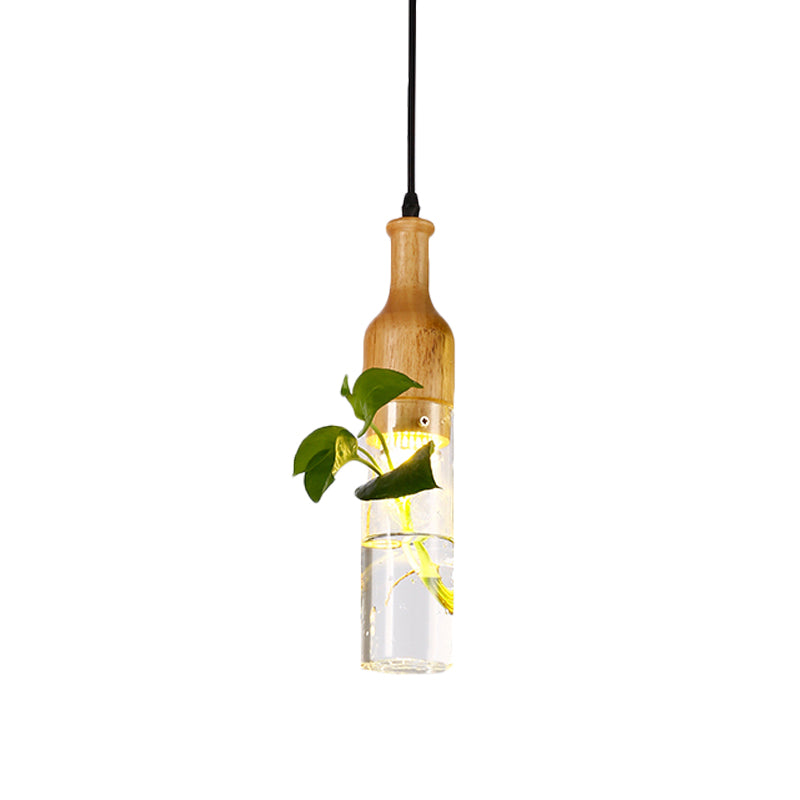 Wine Bottle Clear Glass Pendant Art Deco 1 Bulb Bedroom Plant Ceiling Hang Fixture in Wood Clearhalo 'Ceiling Lights' 'Close To Ceiling Lights' 'Glass shade' 'Glass' 'Pendant Lights' 'Pendants' Lighting' 757958