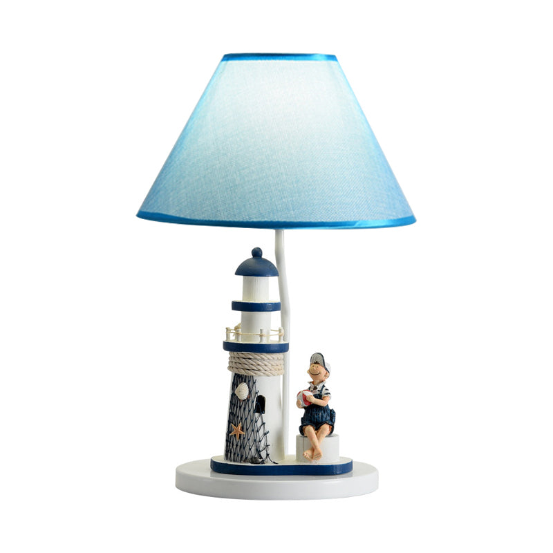 Boy/Girl and Lighthouse Table Light Cartoon Resin 1 Light White/Blue Night Stand Lamp with Tapered Shade Clearhalo 'Lamps' 'Table Lamps' Lighting' 757961