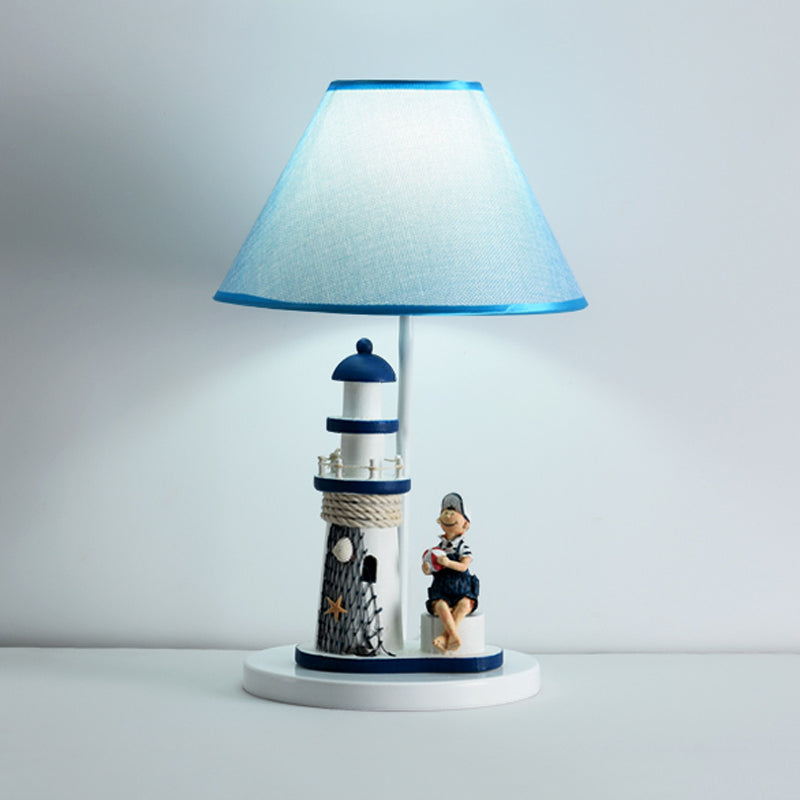 Boy/Girl and Lighthouse Table Light Cartoon Resin 1 Light White/Blue Night Stand Lamp with Tapered Shade Clearhalo 'Lamps' 'Table Lamps' Lighting' 757962