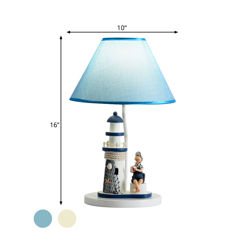 Boy/Girl and Lighthouse Table Light Cartoon Resin 1 Light White/Blue Night Stand Lamp with Tapered Shade Clearhalo 'Lamps' 'Table Lamps' Lighting' 757963