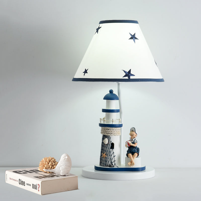 Boy/Girl and Lighthouse Table Light Cartoon Resin 1 Light White/Blue Night Stand Lamp with Tapered Shade Clearhalo 'Lamps' 'Table Lamps' Lighting' 757965