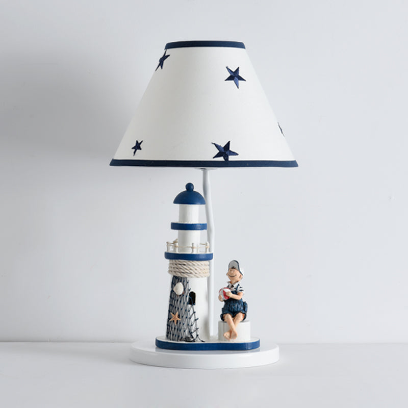 Boy/Girl and Lighthouse Table Light Cartoon Resin 1 Light White/Blue Night Stand Lamp with Tapered Shade Clearhalo 'Lamps' 'Table Lamps' Lighting' 757967