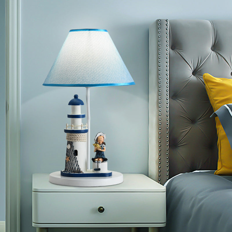 Boy/Girl and Lighthouse Table Light Cartoon Resin 1 Light White/Blue Night Stand Lamp with Tapered Shade Clearhalo 'Lamps' 'Table Lamps' Lighting' 757969