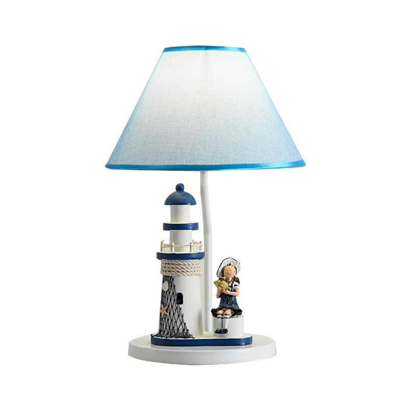 Boy/Girl and Lighthouse Table Light Cartoon Resin 1 Light White/Blue Night Stand Lamp with Tapered Shade Clearhalo 'Lamps' 'Table Lamps' Lighting' 757970