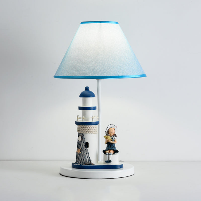 Boy/Girl and Lighthouse Table Light Cartoon Resin 1 Light White/Blue Night Stand Lamp with Tapered Shade Clearhalo 'Lamps' 'Table Lamps' Lighting' 757971