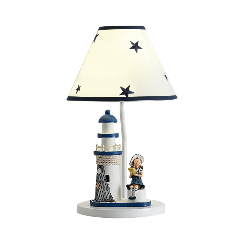 Boy/Girl and Lighthouse Table Light Cartoon Resin 1 Light White/Blue Night Stand Lamp with Tapered Shade Clearhalo 'Lamps' 'Table Lamps' Lighting' 757974