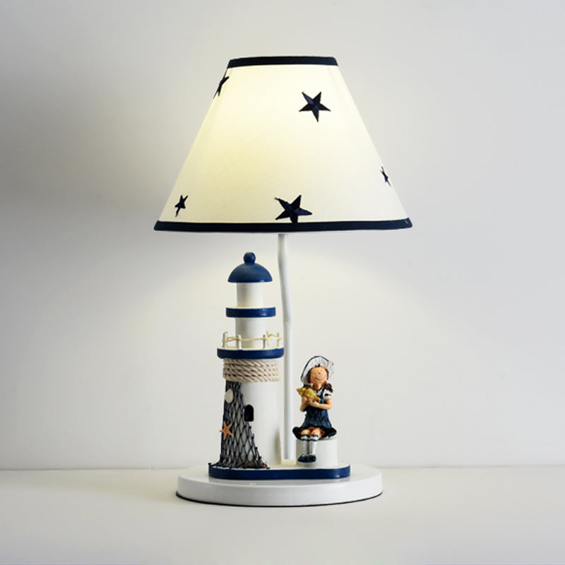 Boy/Girl and Lighthouse Table Light Cartoon Resin 1 Light White/Blue Night Stand Lamp with Tapered Shade Clearhalo 'Lamps' 'Table Lamps' Lighting' 757975