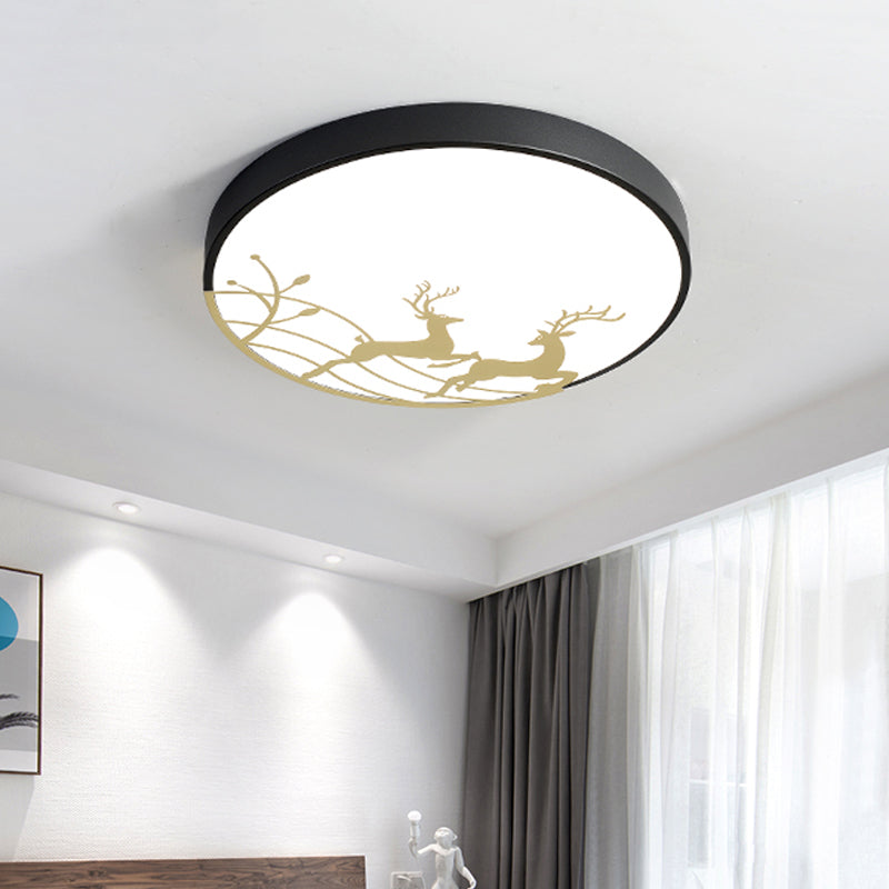 Elk Dance Patterned Round Flush Light Nordic Acrylic White/Black LED Ceiling Mount Lamp for Bedroom Black Clearhalo 'Ceiling Lights' 'Close To Ceiling Lights' 'Close to ceiling' 'Flush mount' Lighting' 758077