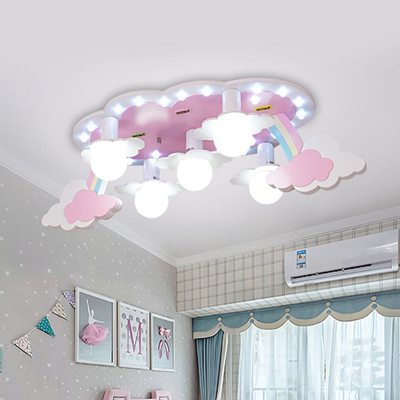 Rainbow Girl's Bedroom Ceiling Lamp Wood 5-Light Cartoon Flush Mount Fixture in Pink with Open Bulb Design Pink Clearhalo 'Ceiling Lights' 'Close To Ceiling Lights' 'Close to ceiling' 'Flush mount' Lighting' 758121