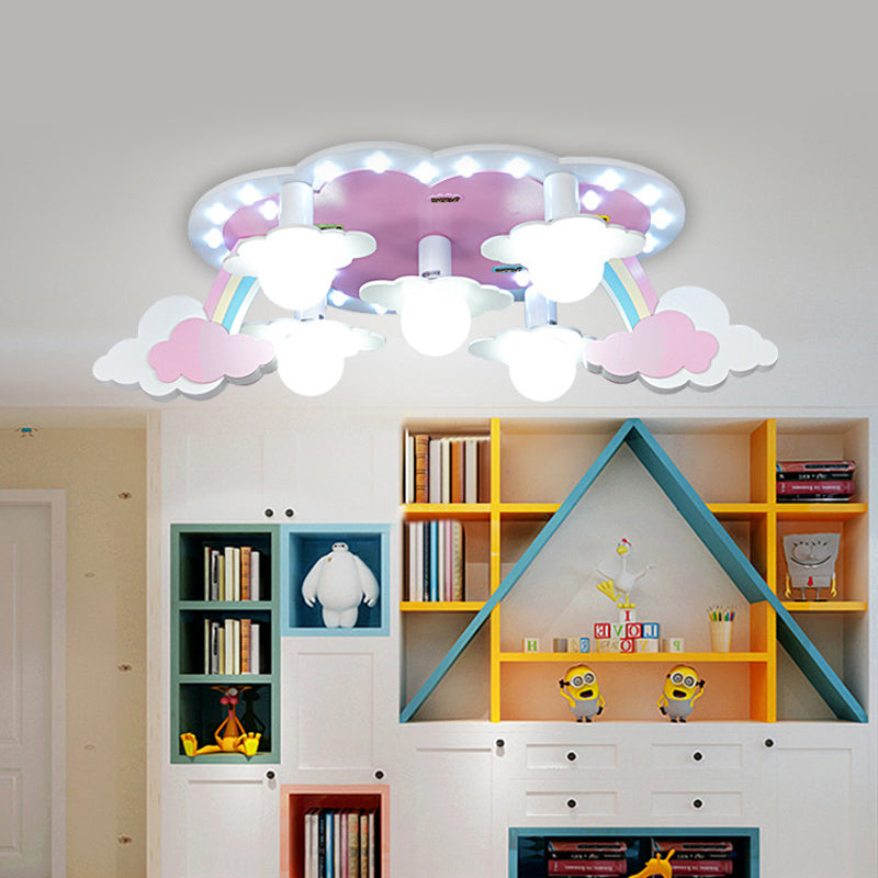 Rainbow Girl's Bedroom Ceiling Lamp Wood 5-Light Cartoon Flush Mount Fixture in Pink with Open Bulb Design Clearhalo 'Ceiling Lights' 'Close To Ceiling Lights' 'Close to ceiling' 'Flush mount' Lighting' 758122