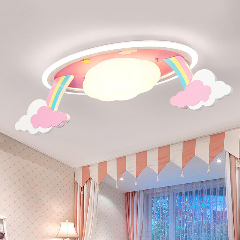 Cartoon LED Ceiling Lighting Pink Rainbow Design Oval Flush Mount Lamp with Acrylic Shade Pink Clearhalo 'Ceiling Lights' 'Close To Ceiling Lights' 'Close to ceiling' 'Flush mount' Lighting' 758125