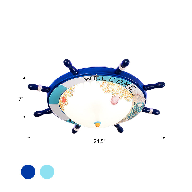 Wood Ship Rudder Flush Mount Mediterranean Blue/Light-Blue LED Ceiling Light with Dome Matte Glass Shade and Marine Element Clearhalo 'Ceiling Lights' 'Close To Ceiling Lights' 'Close to ceiling' 'Flush mount' Lighting' 758132