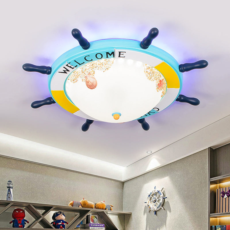 Wood Ship Rudder Flush Mount Mediterranean Blue/Light-Blue LED Ceiling Light with Dome Matte Glass Shade and Marine Element Clearhalo 'Ceiling Lights' 'Close To Ceiling Lights' 'Close to ceiling' 'Flush mount' Lighting' 758134