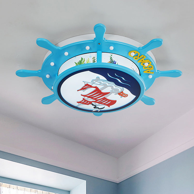 Light Blue Rudder Drum Flush Mount Light Coastal Wooden LED Ceiling Fixture with Sail Ship/Anchor Pattern Light Blue B Clearhalo 'Ceiling Lights' 'Close To Ceiling Lights' 'Close to ceiling' 'Flush mount' Lighting' 758137