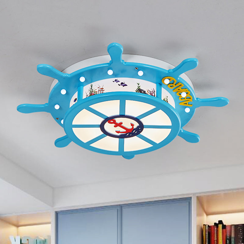 Light Blue Rudder Drum Flush Mount Light Coastal Wooden LED Ceiling Fixture with Sail Ship/Anchor Pattern Light Blue A Clearhalo 'Ceiling Lights' 'Close To Ceiling Lights' 'Close to ceiling' 'Flush mount' Lighting' 758141