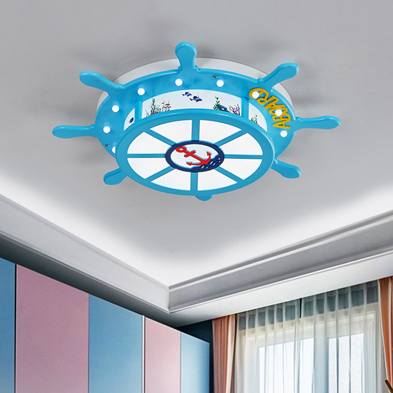 Light Blue Rudder Drum Flush Mount Light Coastal Wooden LED Ceiling Fixture with Sail Ship/Anchor Pattern Clearhalo 'Ceiling Lights' 'Close To Ceiling Lights' 'Close to ceiling' 'Flush mount' Lighting' 758143