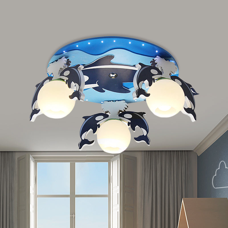 Kids Dolphin Wood Flush Light Fixture 3 Heads Close to Ceiling Lamp in Blue with Dome Milk Glass Shade Blue Clearhalo 'Ceiling Lights' 'Close To Ceiling Lights' 'Close to ceiling' 'Flush mount' Lighting' 758145