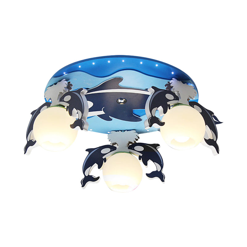 Kids Dolphin Wood Flush Light Fixture 3 Heads Close to Ceiling Lamp in Blue with Dome Milk Glass Shade Clearhalo 'Ceiling Lights' 'Close To Ceiling Lights' 'Close to ceiling' 'Flush mount' Lighting' 758146