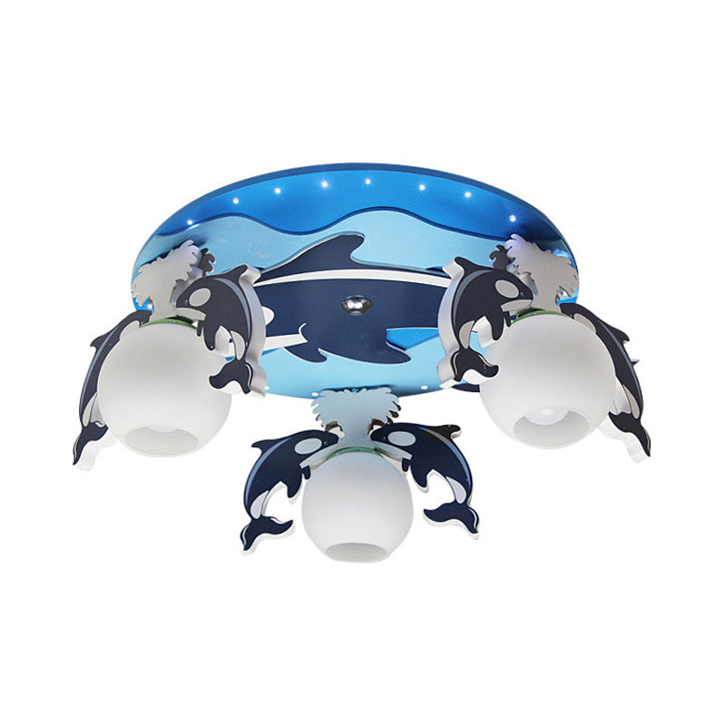 Kids Dolphin Wood Flush Light Fixture 3 Heads Close to Ceiling Lamp in Blue with Dome Milk Glass Shade Clearhalo 'Ceiling Lights' 'Close To Ceiling Lights' 'Close to ceiling' 'Flush mount' Lighting' 758147