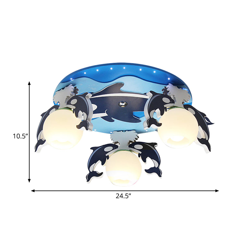 Kids Dolphin Wood Flush Light Fixture 3 Heads Close to Ceiling Lamp in Blue with Dome Milk Glass Shade Clearhalo 'Ceiling Lights' 'Close To Ceiling Lights' 'Close to ceiling' 'Flush mount' Lighting' 758148