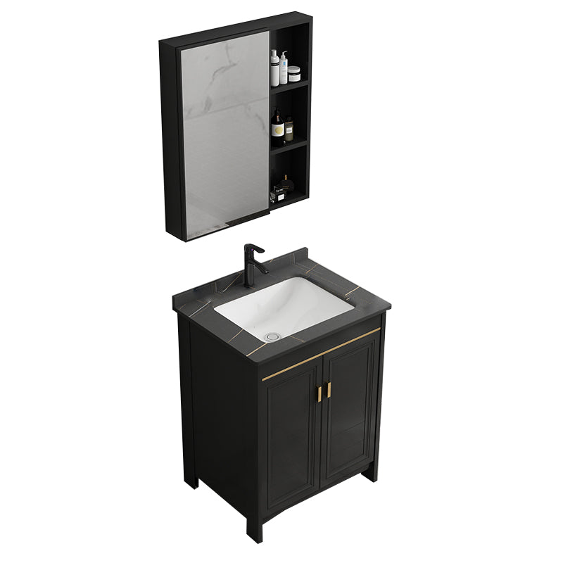 Rectangular Bathroom Vanity Glam Black Freestanding Metal Base Vanity Set Vanity & Faucet & Mirror Cabinet 24"L x 19"W x 32"H Towel Bar Not Included Clearhalo 'Bathroom Remodel & Bathroom Fixtures' 'Bathroom Vanities' 'bathroom_vanities' 'Home Improvement' 'home_improvement' 'home_improvement_bathroom_vanities' 7581693