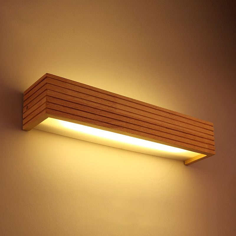 Striped Bedroom Wall Sconce Contemporary Wooden 14"/18"/21.5" Wide 1-Head Beige LED Up and Down Light Fixture in Warm/White Light Clearhalo 'Vanity Lights' 'Wall Lights' Lighting' 758179