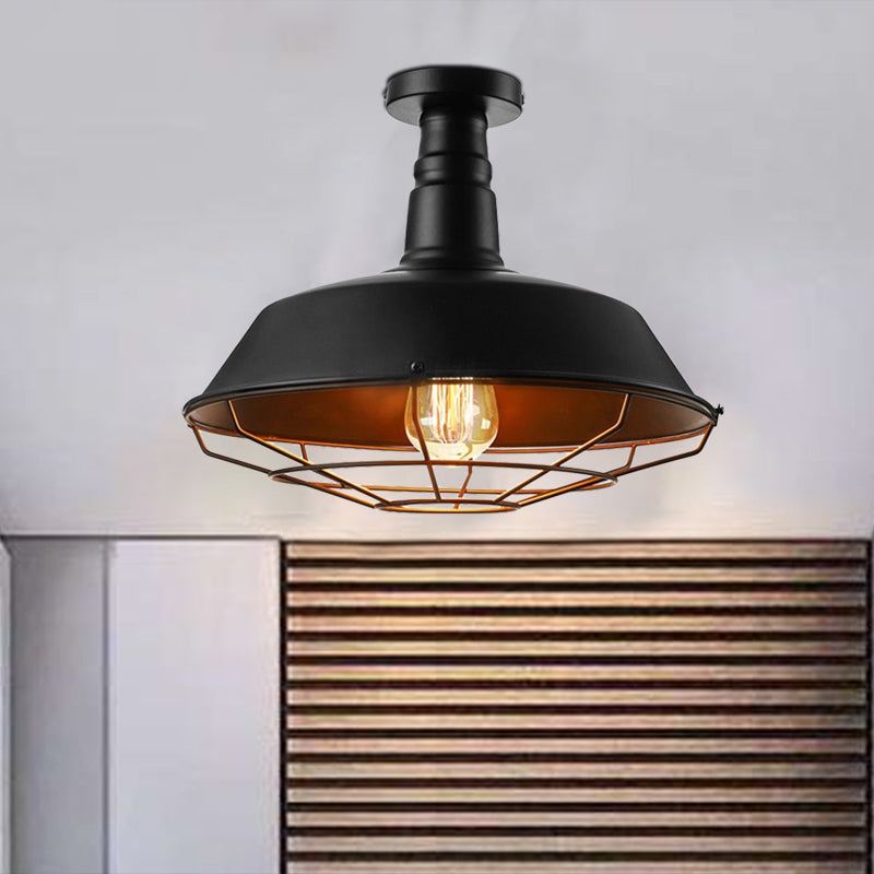 Black Cage Ceiling Light Vintage Style Metal 1 Head Indoor Semi Flush Mount Lighting with Barn Shade, 10"/14"/18" W Clearhalo 'Ceiling Lights' 'Close To Ceiling Lights' 'Close to ceiling' 'Semi-flushmount' Lighting' 758183