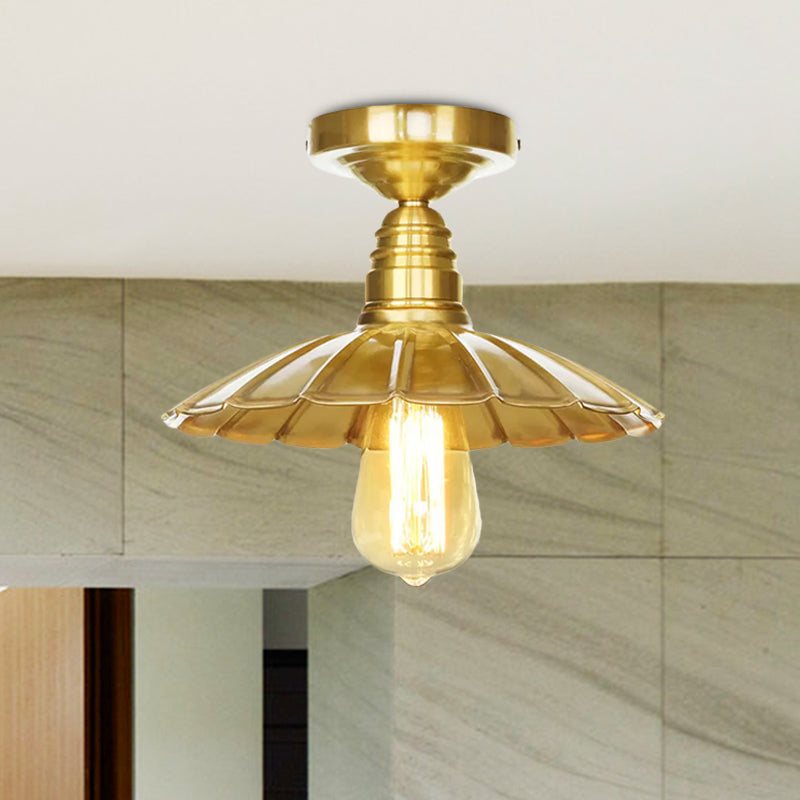 Vintage Style Waveforms/Scalloped Shade Semi Flush Ceiling Light 8"/9.5" W 1 Light Metal Ceiling Fixture in Brass Clearhalo 'Ceiling Lights' 'Close To Ceiling Lights' 'Close to ceiling' 'Semi-flushmount' Lighting' 758185