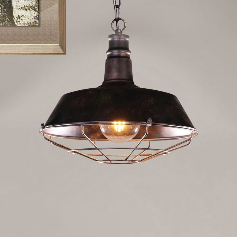 Retro Stylish Wire Guard Pendant Light with Barn Shade 10"/14"/18" Wide 1 Light Metal Hanging Fixture in Black/Bronze/Rust for Kitchen Clearhalo 'Art Deco Pendants' 'Black' 'Cast Iron' 'Ceiling Lights' 'Ceramic' 'Crystal' 'Industrial Pendants' 'Industrial' 'Metal' 'Middle Century Pendants' 'Pendant Lights' 'Pendants' 'Rustic Pendants' 'Tiffany' Lighting' 758192