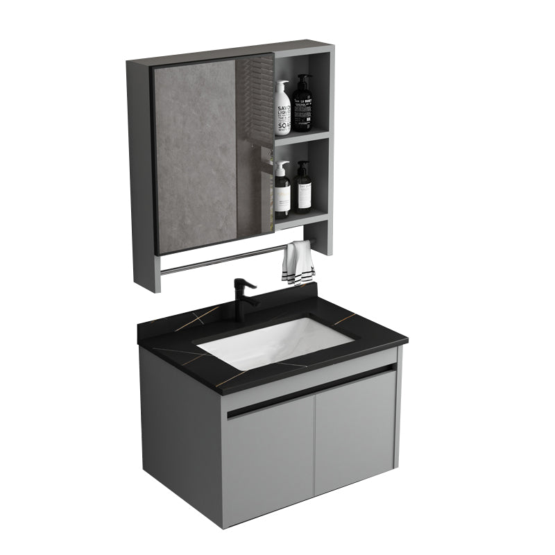 Wall Mount Bathroom Vanity Modern Gray Metal Frame Single Rectangular Vanity Set Vanity & Faucet & Mirror Cabinet 28"L x 19"W x 17"H Black Clearhalo 'Bathroom Remodel & Bathroom Fixtures' 'Bathroom Vanities' 'bathroom_vanities' 'Home Improvement' 'home_improvement' 'home_improvement_bathroom_vanities' 7581990