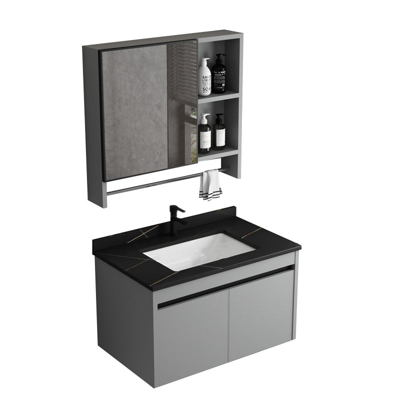 Wall Mount Bathroom Vanity Modern Gray Metal Frame Single Rectangular Vanity Set Vanity & Faucet & Mirror Cabinet 31"L x 19"W x 17"H Black Clearhalo 'Bathroom Remodel & Bathroom Fixtures' 'Bathroom Vanities' 'bathroom_vanities' 'Home Improvement' 'home_improvement' 'home_improvement_bathroom_vanities' 7581991