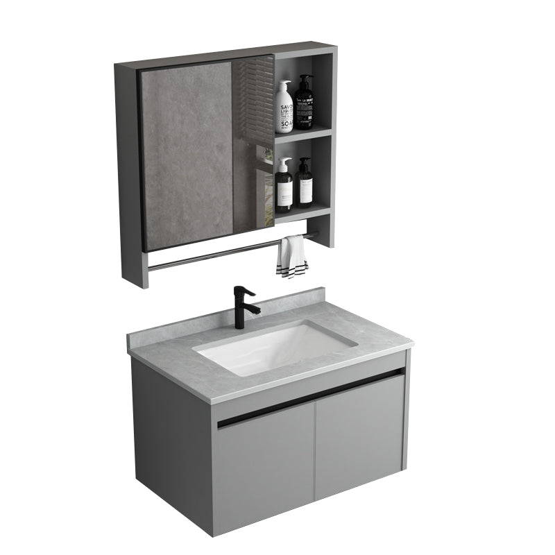 Wall Mount Bathroom Vanity Modern Gray Metal Frame Single Rectangular Vanity Set Vanity & Faucet & Mirror Cabinet 31"L x 19"W x 17"H Gray Clearhalo 'Bathroom Remodel & Bathroom Fixtures' 'Bathroom Vanities' 'bathroom_vanities' 'Home Improvement' 'home_improvement' 'home_improvement_bathroom_vanities' 7581994