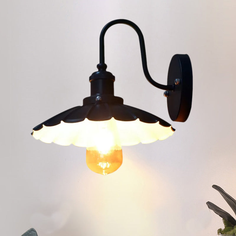 Gooseneck Metal Wall Sconce Light Industrial 9.5"/13" W 1 Light Corridor Wall Lamp with Scalloped Shade in Black Clearhalo 'Art deco wall lights' 'Cast Iron' 'Glass' 'Industrial wall lights' 'Industrial' 'Middle century wall lights' 'Modern' 'Rustic wall lights' 'Tiffany' 'Traditional wall lights' 'Wall Lamps & Sconces' 'Wall Lights' Lighting' 758278